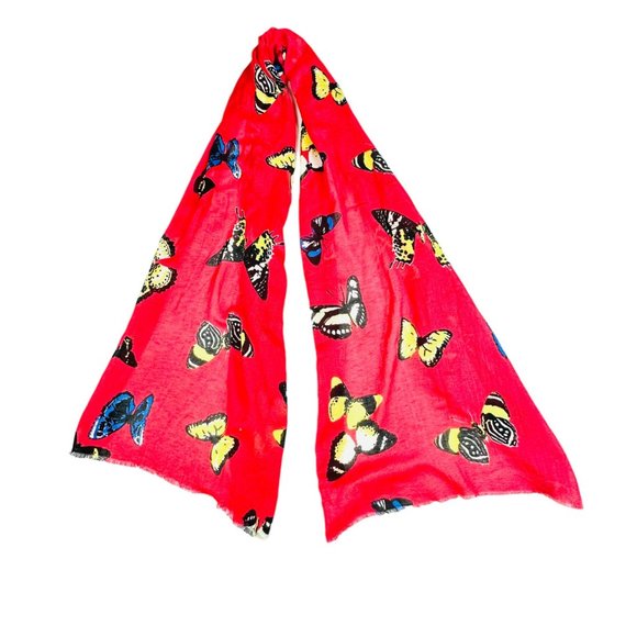J. Crew Linen Blend Butterfly Print Red Scarf  - NWT - Picture 4 of 7